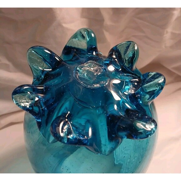 Teal Blue Hand Blown Art Glass Vase, Vintage, Swirled, Footed, Mexico, 8.5x5" - Picture 2 of 5